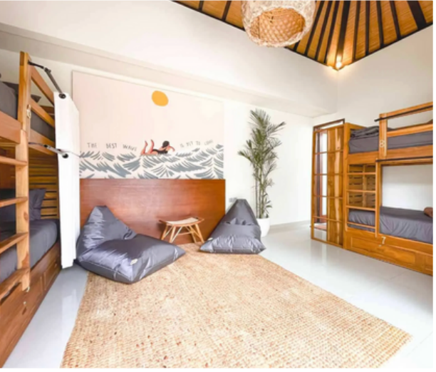 fun but clean and elegant dorm room in cari surf camp Bali in Indonesia with ball style decor