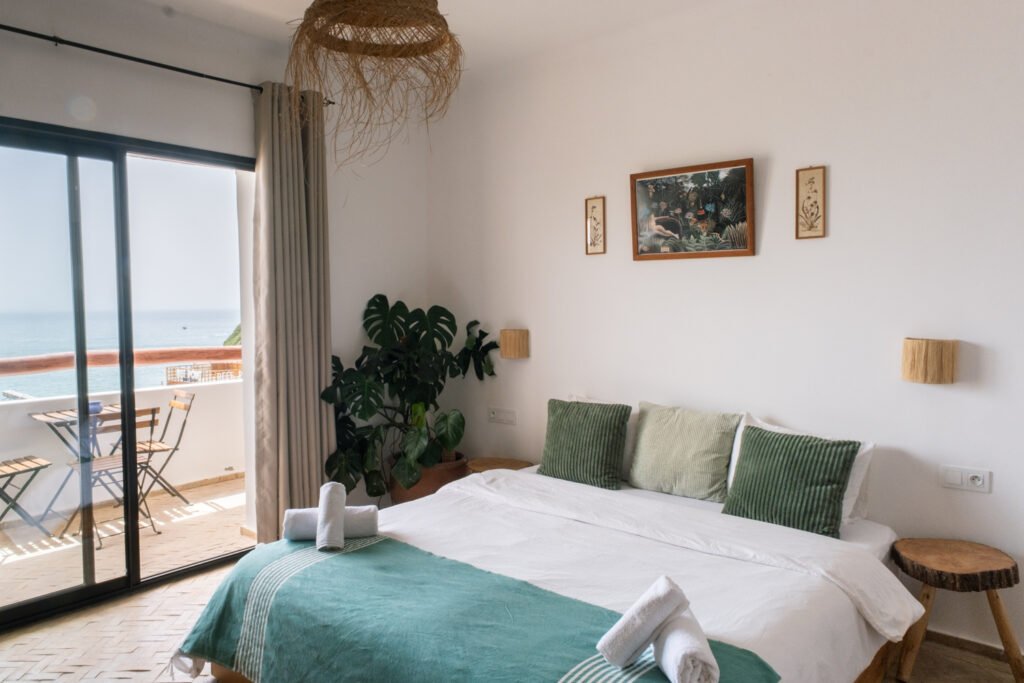 Jardin Room in Olo Surf & Nature with green Garden colors and Ocean views of Imsouane's Magic bay