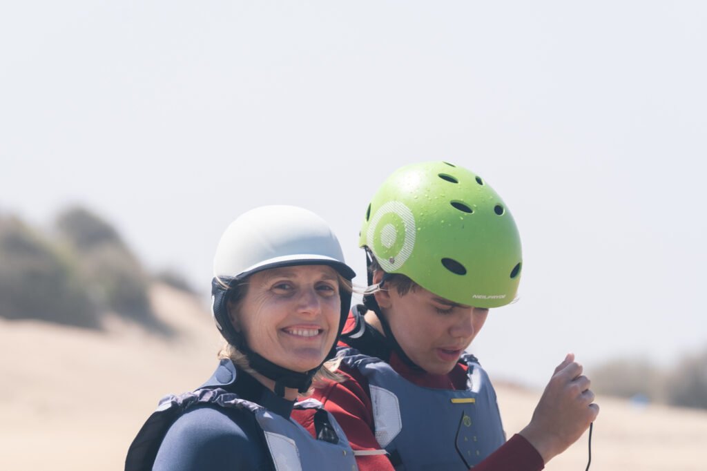 student with instructor on a group kite lesson in Essaouira Morocco with Kite Maroc kite and surf school