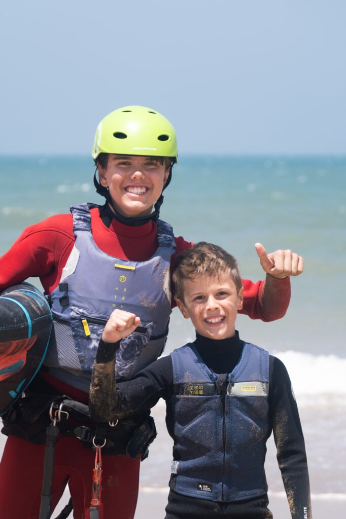 student with instructor on a group kite lesson in Essaouira Morocco with Kite Maroc kite and surf school